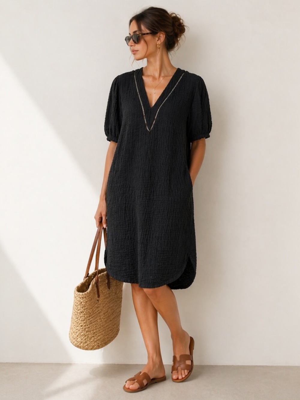 la fée maraboutée Textured Cotton Gauze Dress Black French Minimalist